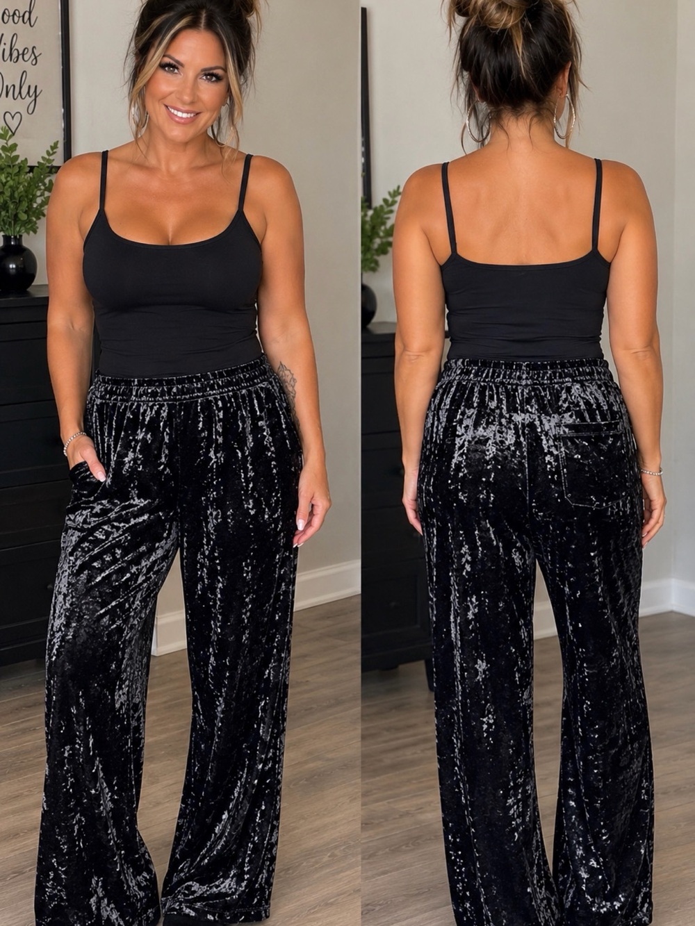 Savage X Fenty Black Crushed Velvet Wide-Leg Lounge Pants